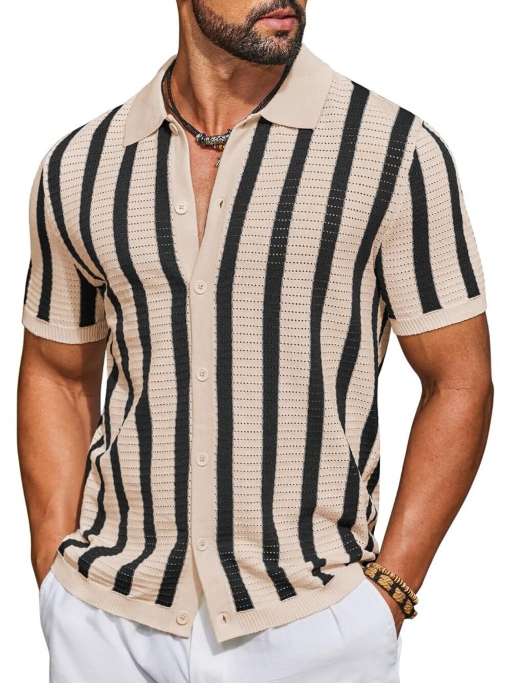 Men's Black Knit Striped Polo Short Sleeve Summer Beach Casual Shirt - Picture 1 of 6